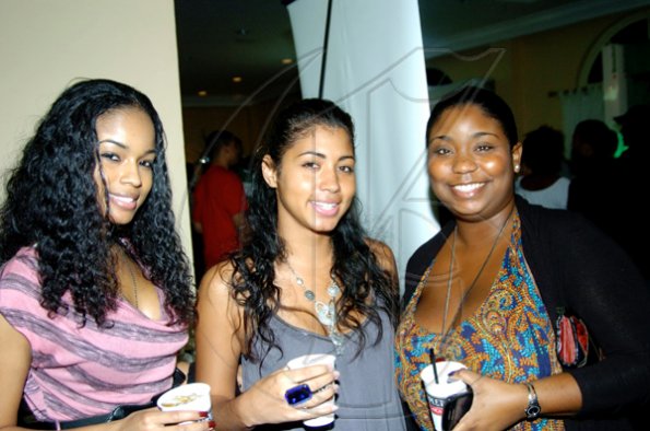 The trio from left, Kadia Prince, Ravn Rae and Kymone Boothe are out to hear what's in store for them.

******************************************************* for this year's bacchanal season at the launch of Bacchanal Jamaica 2010.

Winston Sill / Freelance Photographer
Launch of Bacchanal Jamaica 2010 Carnival Season, under the theme "Bacchanal Treasures", held at Knutsford Court Hotel New Kingston on Wedneday January 20, 2010.