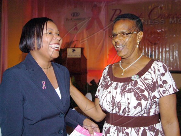 Peta-Gaye Clachar/Staff Photographer
Chairman of Jamaica reach to Recovery Mrs. Elite Sellers-Wright (right) who has survivored cancer for 15 years shares a laugh with Andrea Martin from Jamaica National Building Society at the Jamaica Reach to Recovery "Keeping with Breast Cancer" luncheon at the Jamaica Pegasus on Thursday, October 22, 2009.