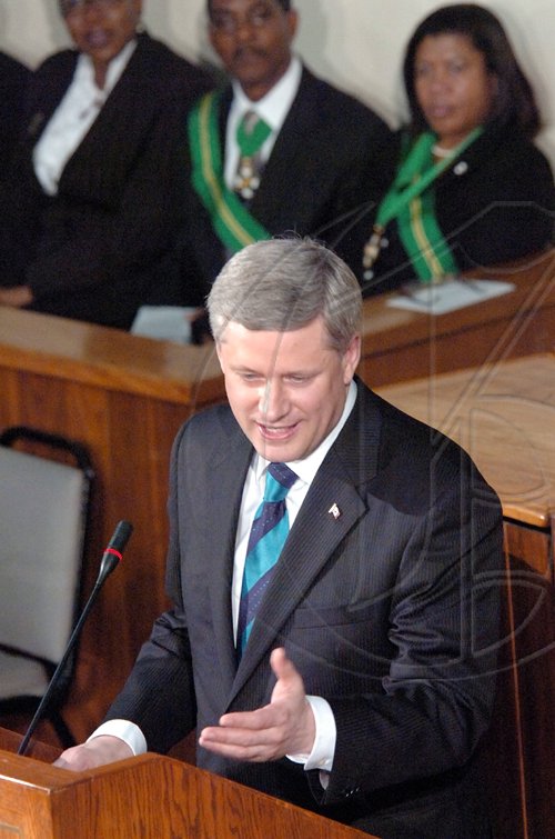Rudolph Brown/Chief Photographer
Canadian Prime Minister Stephen Harper speaks to the House of parliament, on Monday, April 20-2009
Prime Minister Harper on an official visit to Jamaica.