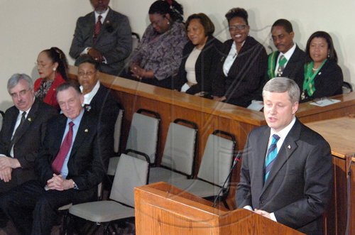 Rudolph Brown/Chief Photographer
Canadian Prime Minister Stephen Harper speaks to the House of parliament, on Monday, April 20-2009
Prime Minister Harper on an official visit to Jamaica.