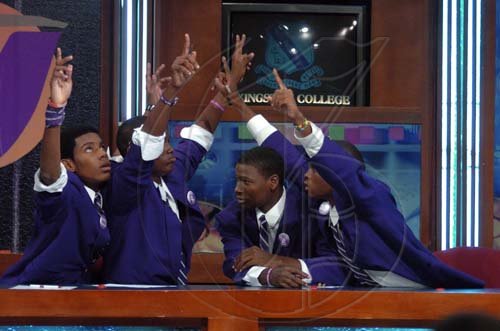 Peta-Gaye Clachar/Staff Photographer
School Challenge Quiz Finals at TVJ Studios on Tuesday, March 31, 2009.At left is Alain N' Dalla, Roland Douglas, Oral Lawson and the captain of the team Kenneth Peart,