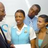 Rudolph Brown/Chief Photographer
Janet Sharp, (second right) executive vice-president/resident actuary of Sagicor Life Jamaica, shares a joke with from left Karl Williams, assistant vice president, Corporate Marketing.
Danielle Downie, 2008 Carifta Games gold medallist from Wolmers High School for girls, Ricardo Allen, of University of the West Indies and Shauna Wheatle from Hydel Group of Schools after presenting scholarship to the awardees at the Sagicor Life Jamaica Actuary Scholarship for Sports and Tuition at the Head Office in New Kingston on Tuesday, March 10-2009