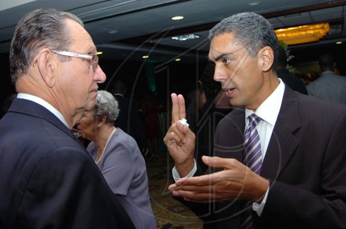 Rudolph Brown/Chief Photographer
Richard Byles, (right) President and CEO of Sagicor, Life of Jamaica Speaks Dr. R. Danvers Williams at the Sagicor Life Jamaica annual corporate awards " With All Challenges Come Great Rewards" at the Hilton Hotel in New Kingston on Tuesday, March 17-2009.