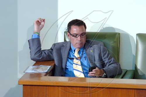 Rudolph Brown/Chief Photographer
Daryl Vaz, sits inthe Box at Parliament on Tuesday, March 24-2009 after winning the Buff Bay, Portland by election, he will of to sits in the lobby or the in the Box until next week.