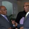 Ian Allen/Staff Photographer
His Excellency Dr.Patrick Allen right, Governor General of Jamaica a greets former Governor General Professor Kenneth Hall attending the Governor General's Achievement Awards Scheme Luncheon at the Terra Nova Hotel on wednesday.