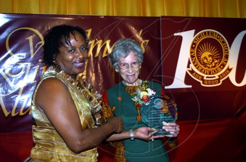 Winston Sill / Freelance Photographer
President of the Wolmer's Girls' Alumnae Dr Verna Reid (left) presents Hazel Richardson, one of the honourees with her award. 

Centenary Dinner, Dance and Awards Banquet, held at the Jamaica Pegasus Hotel, New Kingston on Friday night April 24, 2009.