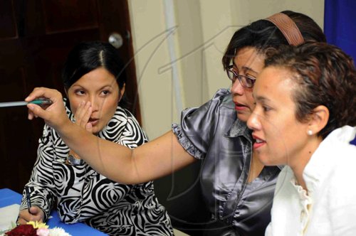 Rudolph Brown/Chief Photographer.
From left Monique Todd, Chairman of Insurance Association of Jamaica , ,?in discussion with , Bridgette Levy Insurance Association of Jamaica, IAJ Consultant and?Jacqueline Sharp, ?President of Insurance Association of Jamaica, at the launch of IAJ Mentorship Programme for students who will be participate in the programme at the IAJ Office on Richmond Ave in Kingston on Thursday, July 30-2009.