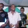 Ricardo Makyn/Staff Photographer.
Top marksmen (from left) Devon Hodges (Rivoli United), Gary McIntosh (Reno), Valentine Gardener (Rivoli United) and Jermaine Anderson (Waterhouse) hold their prizes for the joint leading goalscorer's award, in the all-island Flow Champions Cup, at the presentation ceremony that took place at the Jamaica Football Federation headquarters on Monday. Each of the players scored four goals.