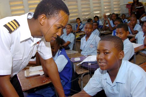 Rudolph Brown/Chief Photographer
Young Pilot Roberto Moreland take over a class on Teachers Day, at Windward Road Primary and Junior High at 141 Windward Road in Kingston on Wednesday May 6-2009.