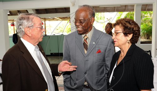 Ricardo Makyn/Staff Photographer.
Left Custos of Clarendon R James de'Roux with Dr Gilbert Allen and Rev.The Hon.Mrs Sophia Azan,CD,JP Custos of St Catherine at the Governor General's Consultative Youth Breakfast at the Caymanas Golf Club on Friday 15.5.2009.