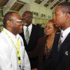 Ricardo Makyn/Staff Photographer.
Left the Gleaner Editor in Chief Garfeild   Grandison greets Glendon Lewis Junior winner of the United Jamaica Alumni Association Essay Competition in America and Who's trip to Jamaica  was sponsored by Jamaiaca National Building Society while looking on is Glendon Lewis Senior with Karin Cooper Manager Cooperate Affairs and  Marketing Department at the  Gleaner  the occasion was the  Governor General's Consultative Youth Breakfast at the Caymanas Golf Club on Friday 15.5.2009.