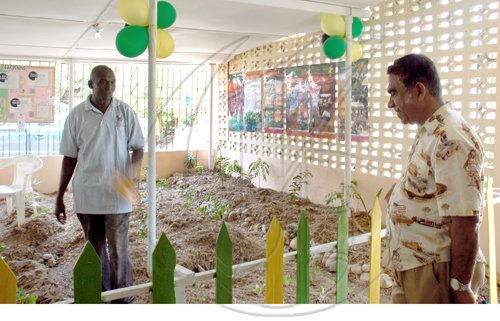 Photo by Laura Redpath
RADA St. Thomas extension officer, Norman Haughton (left) talks about backyard gardening at the Denbigh Agri-Industrial Show in Clarendon on Saturday.