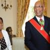 Rudolph Brown/Chief Photographer
Lorna Golding, (right) wife of Prime Minister Bruce Golding in discussion with Governor-General, Dr Patrick Allen, and his wife Patricia Allen, after the Governor General, invested Desmond Blade with the Order of Jamaica, during the ceremony of investiture and presentation of National Honours and Award at Kings House, St Andrew on Tuesday. May 12-2009