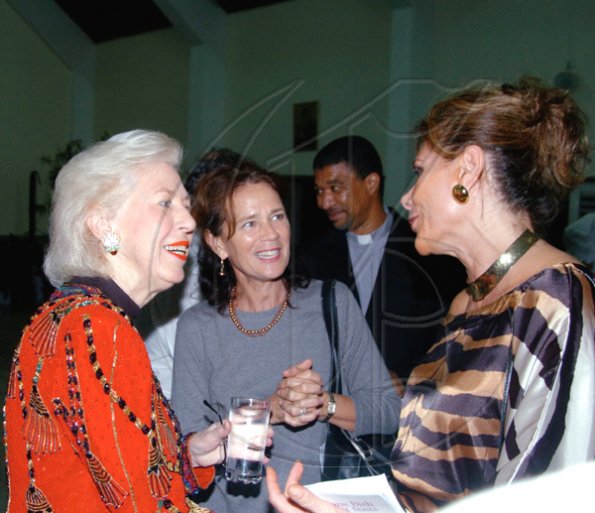 Winston Sill / Freelance Photographer
Classical organist, Diane Bish (left); is greeted by Nicola Crosswell-Mair (centre); and  Mexican Ambassador Leonora Rueda  at the concert presented by the  Ward Theatre Foundation, at Stella Maris church, Shortwood Road in St Andrew on Sunday. 
See details in Sunday's Outlook..

************************************************************************* January 17, 2010. Here are Diane Bish (left); Nicola Crosswell-Mair (centre); and  Leonora Rueda (right), Mexican Ambassador.