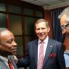 Rudolph Brown/Photographer
Milton Samuda , (left) president of the Jamaica Chamber of Commerce ( JCC) greets Bruce Bowen, (centre) President and CEO of Scotiabank and Hemi Mitic, (right) Labour Relations Consultant member CCELD Steering Committee at Scotiabank and CCELD launches Caribbean Canada Emerging Leaders' Dialogue, CCLED Conference 2011 at Courtleigh Hotel in New Kingston on Tuesday, August 17-2010.