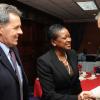 Rudolph Brown/Photographer
Minna Israel, (centre) president of RBTT Bank Jamaica Limited greets Hemi Mitic, (right) Labour Relations Consultant member CCELD Steering Committee and Stephen Hallihan, High Commissioner of Canada to Jamaica, at Scotiabank and CCELD launches Caribbean Canada Emerging Leaders' Dialogue, CCLED Conference 2011 at Courtleigh Hotel in New Kingston on Tuesday, August 17-2010.
