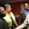 Rudolph Brown/Photographer
Joylene Griffiths Irving, (left) Director, Public and Corporate Affairs greets Serena Joaquim of Courtleigh Hotel, Aloun Ndombet Assamba, (second left) Alumni and Attorney at Law and Christopher Barnes, Assistant to Managing Director of the Gleaner Company at Scotiabank and CCELD launches Caribbean Canada Emerging Leaders' Dialogue, CCLED Conference 2011 at Courtleigh Hotel in New Kingston on Tuesday, August 17-2010.