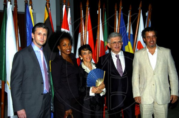 Winston Sill / Freelance Photographer
Belgian Ambassador Frederic Meurice (right) and wife Lydie (second left) join Ambassador Marco Mazzocchi Alemanni (second right), his Fiela and EU official Tom Millar on the red carpet.
 host Europe Day Reception, held at Hyperion Avenue, Jacks Hill on Wednesday night May 12, 2010.