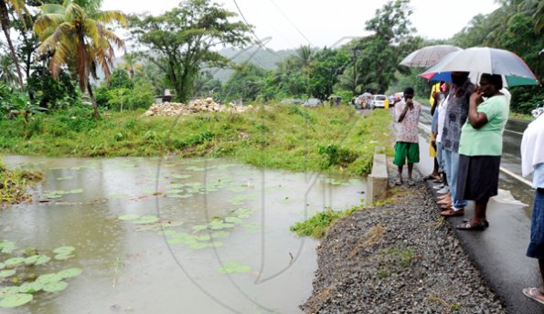 Ricardo Makyn/Staff Photographer.
Residents of Hope Bay look at the canal that an ill-fated bus ran into, in Hope Bay, Portland killing two persons.  A five-yea-rold child is also missing stemming from the incident.