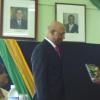 Colin Gager, mayor of Falmouth (right), makes a presentation to the Governor-General, His Excellency the most Honourable Sir Patrick Allen, while Her Excellency Lady Allen (left) looks on.