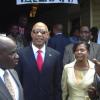 Standing outside the entrance to the Albert George Market and Shopping Centre, from left to right: Colin Gager, mayor of Falmouth; His Excellency the Most Honourable Sir Patrick Allen; Her Excellency the Most Honourable Lady Allen; Roylan Barrett, Custos Rotulorum of Trelawny.
