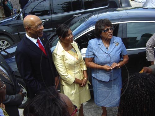 The Governor-General, His Excellency the Most Honourable Sir Patrick Allen, and Her Excellency Lady Allen, together with Mrs. Marisa Dalrymple-Philbert, member of Parliament for South Trelawny, on the grounds of Westwood High School during the GG's stop there on his tour of Trelawny on Tuesday.