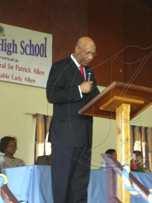 The Governor-General, Sir Patrick Allen, addresses the Westwood High School populace during his visit there on Tuesday. The visit to the school was part of his scheduled tour of the parish of Trelawny.
