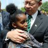 Rudolph Brown/Chief Photographer
Prime Minister Bruce Golding hugs Annadene Blake after the Independence Day Ceremony at Kings House on Thursday, August 6-2009