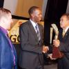 Colin Hamilton/Freelance Photogapher
It was no surprise as Hon Usain Bolt (centre), world's fastest man walked away with the Golden Cleat Awards for Male Athlete of the Year. The award is  presented by Howard Aris (right) while Bruce Bowen, Scotiabank head,  looks on. 
***************************************************************************************************** 


JAAA Awards at Jamaica House on Saturday January 8, 2010.