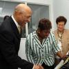 Ian Allen/Staff Photographer
Sir patrick Allen left, Governor General could not hide his delight when met Wycliffe Bennett right just before he was presented with a Musgrave Gold Medal at an award ceremony at the University of the West Indies Hospital. Wycliffe Bennett who has been ailing for some time was also visited by Olilvia Grange second left, Minister of Youth, Sports and Culture and his wife Dr. Hazel Bennett second right.