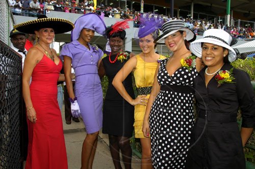 Colin Hamilton/freelance photographer
?
The Bigga Jamaica Oaks "Ladies Day" raceday on Saturday April 25, 2009 at Caymanas Track, was a bevy of beauty, brains, and talent. The grounds infront of the stands in the winners enclosure was awash with colour as the invited celebrities donned their various fashion statements with a finishing touch of hats which were provided by?Marcellas James of Cinderella Hats Ltd. Pretty girls all in a row from left: Mexican Ambassador Leonora Rueda; D'Angel; Renee Marshall; Tammy Chinn;  Tessanne Chinn; and Deika Morrison.