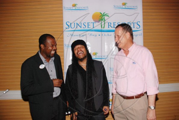 Contributed
From left, Clifton Reader, GM, Sunset Jamaica Grande, Maxi Priest, Ian Kerr Managing Director, Sunset Resorts, share a joke after Maxi's performance at Jamaica Jazz and Blues Prelude ? ?Jamming in Sunset Jamaica Grande? on Monday night in Ocho Rios.