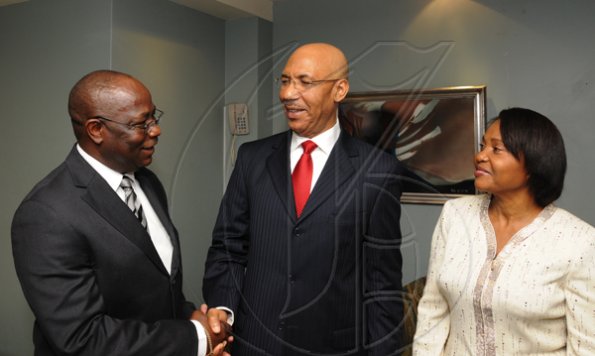 Winston Sill / Freelance Photographer
Jamaica Exporters Association (JEA) Awards Banquet, Held at the Wyndham Hotel  on Wednesdaynight June 29, 2011. Here are Vitus Evans (left)  greets Governor General Sir Patrick Allen (centre); and Lady Allen (right).