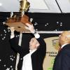 Winston Sill / Freelance Photographer
Jamaica Exporters Association (JEA) Awards Banquet, held at the Wyndham Hotel  on  Wednesday night June 29, 2011. Here Allan Barnes (left), outgoing Managing Director of Red Stripe hold aloft the Champion Exporter Trophy. Looking on is Governor General Sir Patrick Allen (right).