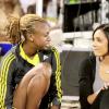 Anthony Minott/Freelance Photographer
Racer's Track Club's 400m runner Dominique Blake (left), chats with Blazilian athlete Nastalgia Hall during the Jamaica National International Invitational athletics meet at the National Stadium, Kingston, on Saturday, May 1, 2010