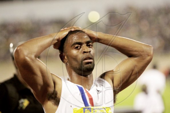 Anthony Minott/Freelance Photographer
USA's Tyson Gay reacts after winning the men's 400m in 45.05 seconds during the Jamaica National International Invitational athletics meet at the National Stadium, Kingston, on Saturday, May 1, 2010.