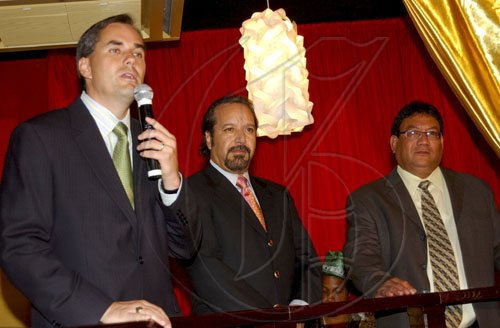 Winston Sill / Freelance Photographer
Supreme Ventures Limited launch party for the "Super Lotto Game", held at Pure Plush Lounge, Trinidad Terrace, New Kingston on Tuesday August 25, 2009. Here are Erick Dyson (left); Jose B. Guzman (centre); and Paul Hoo (right).