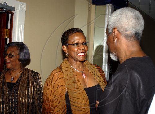 Winston Sill / Freelance Photographer
Sonia Hamilton (centre) has a word or two for P.J. Patterson while Gloria Reid looks on.

for his Caricom Award, held at the Jamaica Pegasus Hotel, New Kingston on Monday July 27, 2009.
