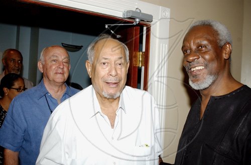 Winston Sill / Freelance Photographer
From left: Ainsley Henriques and  Dr Matthew Beaubrun offer their words of congratulations to  former Prime Minister P.J. Patterson .


**************************************************************************for his Caricom Award, held at the Jamaica Pegasus Hotel, New Kingston on Monday July 27, 2009.