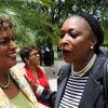 Rudolph Brown/Photographer
Yvonne Wilks, (centre) greets Dorraine Samuel-Binger, (left) and TVJ's Managing Director Kay Osborne at the RJR 60th Anniversary long service awards luncheon at the Terra Nova Hotel in Kingston on Friday, July 9-2010.