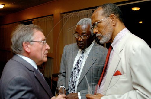 Winston Sill / Freelance Photographer
Russian Ambassador Victor Zotin (left) hobnobs with Arthur Thompson (centre) and Ambassador (ret.) H Dale Anderson, both former Jamaican ambassadors to Russia.

************************************************************************
host Reception to celebrate the 35th Anniversary of Diplomatic Ties between Jamaica and Russia, held at the Jamaica Pegasus Hotel, New Kingston on Tuesday March 16, 2010.