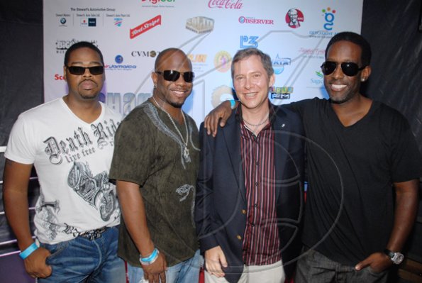 Contributed
Scotiabank President Bruce Bowen (second right) hangs out with Boyz II Men members (from left) Nathan Morris, Wanya Morris and Shawn Stockman at the Shaggy and Friends concert on Saturday on the lawns of Jamaica House.