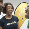 Recently returned from her landmark role as Jamaica's representative for the the Commonwealth Women's Antarctic Expedition, Kim-Marie Spence joins in a laugh at Kingston Beta with event host Ingrid Riley (centre) of internet marketing firm, Connectimass.