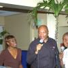 Winston Sill/Freelance Photographer
Errol Knight, The gleaner's On-Line Media and Information Technology Manager and Hanif Brown, (2rd place champion) entertain the guests at the Spelling Bee dinner. Emcee Jennifer 'Jenni Jenni' Small, looks on.