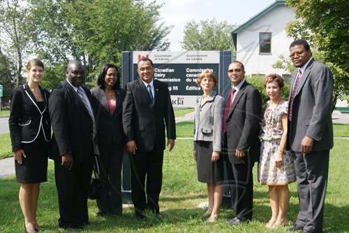 Contributed                                                                                                                                                                  Minister of Agriculture and Fisheries, Hon. Dr.
Christopher Tufton (4th left), with Canadian and Jamaican officials following a visit to the Canadian Dairy Commission in Ottawa, Canada, recently.  From left are: Market Development Officer for Agriculture and Agri-Food Canada, Sarah Reagh; Permanent Secretary in the Ministry of
Agriculture and Fisheries, Donovan Stanberry; Jamaica's High Commissioner to Canada, Her Excellency Sheila Sealy Monteith; Chief of Communications Services at the Canadian Dairy Commission, Chantal Paul; Chief Technical
Director in the Ministry of Agriculture and Fisheries, Dr. Marc Panton; Market Development Officer for the Dairy Section of Agriculture and Agri-Food Canada, Lucille McFadden; and Director of the Centre of Excellence for Advanced Technology in Agriculture, Dr. Derrick Deslandes..