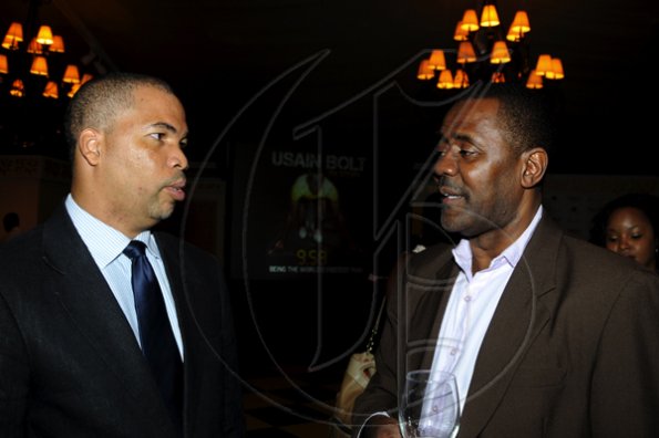 Winston Sill / Freelance Photographer
Launch and book signing of Usain Bolt book, "My Story 9.58-- Being The World,s Fastest Man", held at the Terra Nova All-Suite Hotel, Waterloo Road on Thursday night October 21, 2010. Here are Ambassador Wayne McCook (left0; and Digicel's Harry Smith (right).
