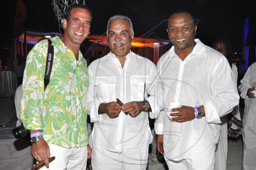 Janet Silvera Photo
 
From left: Palmyra's Maurice Aronow, Tropicana Jewellers' Kishim Samtani and CPJ's Devon Reid take in the scene at the party.

************************************************************************es at 'The Weekend's' Vertigo All White beach party at The Palmyra last Sunday.