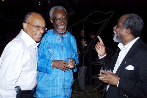 Colin Hamilton/freelance photographer
Capital and Credit boss Ryland Campbell (right) hams it up with Professor Trevor Munroe (left) and former Prime Minister P.J. Patterson.

UWI Vice Chancellor's Reception at #1 Long Mountain Road on Tuesday December 29, 2009.